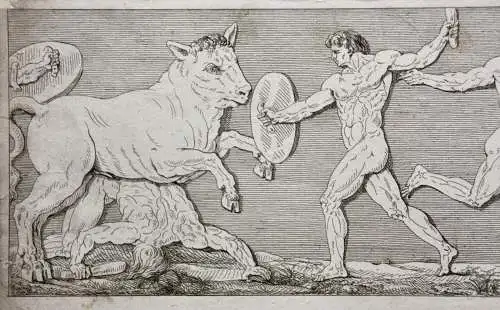 Mythologische Kampfszenen mit Stier und Satyrn, 2 Radierungen, Klassizismus 1818