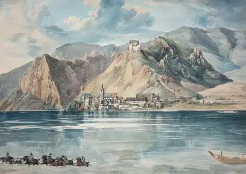 Blick von der Donau auf Dürnstein in der Wachau, Österreich, Aquarell, um 1850