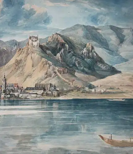 Blick von der Donau auf Dürnstein in der Wachau, Österreich, Aquarell, um 1850