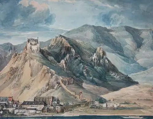 Blick von der Donau auf Dürnstein in der Wachau, Österreich, Aquarell, um 1850