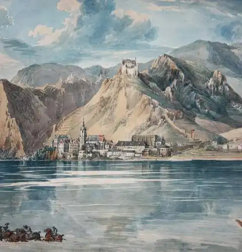 Blick von der Donau auf Dürnstein in der Wachau, Österreich, Aquarell, um 1850