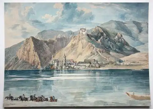 Blick von der Donau auf Dürnstein in der Wachau, Österreich, Aquarell, um 1850