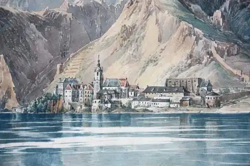 Blick von der Donau auf Dürnstein in der Wachau, Österreich, Aquarell, um 1850