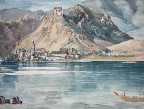 Blick von der Donau auf Dürnstein in der Wachau, Österreich, Aquarell, um 1850