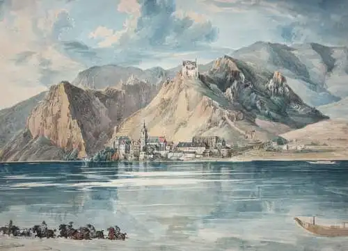 Blick von der Donau auf Dürnstein in der Wachau, Österreich, Aquarell, um 1850