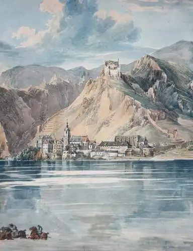 Blick von der Donau auf Dürnstein in der Wachau, Österreich, Aquarell, um 1850