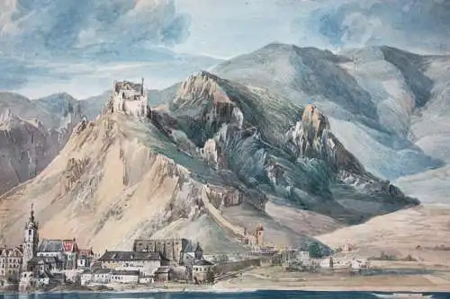 Blick von der Donau auf Dürnstein in der Wachau, Österreich, Aquarell, um 1850