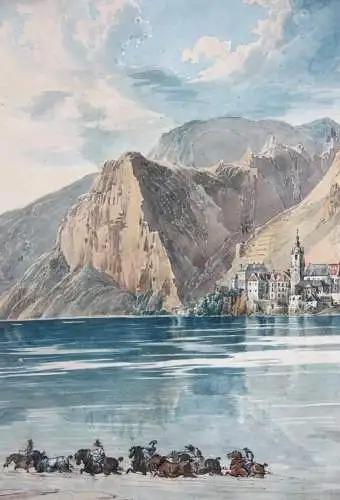 Blick von der Donau auf Dürnstein in der Wachau, Österreich, Aquarell, um 1850