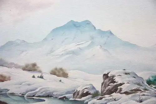 Verschneite Gebirgslandschaft mit See, Gouache, signiert "Brackmann", 1947