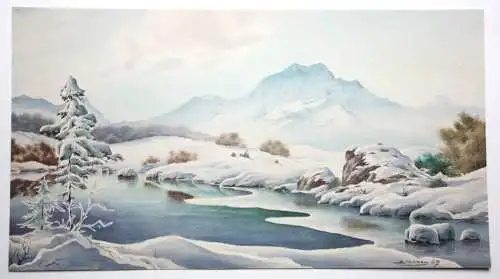 Verschneite Gebirgslandschaft mit See, Gouache, signiert "Brackmann", 1947