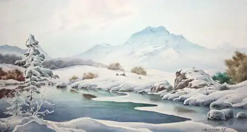 Verschneite Gebirgslandschaft mit See, Gouache, signiert "Brackmann", 1947