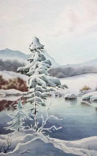 Verschneite Gebirgslandschaft mit See, Gouache, signiert "Brackmann", 1947