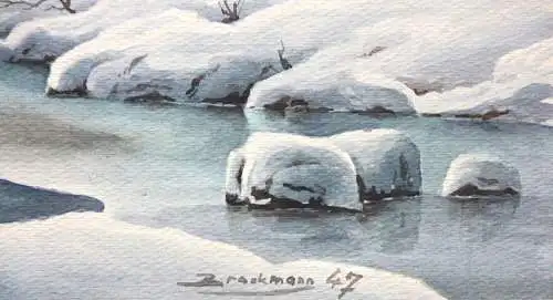 Verschneite Gebirgslandschaft mit See, Gouache, signiert "Brackmann", 1947