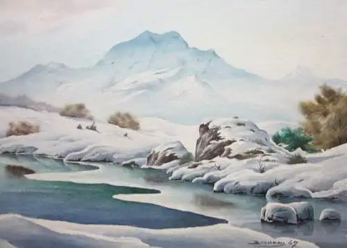 Verschneite Gebirgslandschaft mit See, Gouache, signiert "Brackmann", 1947