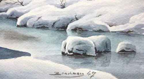 Verschneite Gebirgslandschaft mit See, Gouache, signiert "Brackmann", 1947