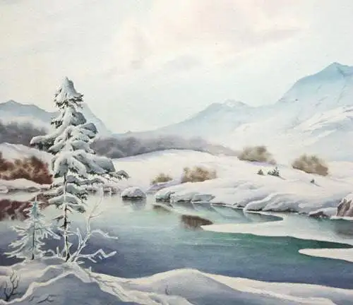 Verschneite Gebirgslandschaft mit See, Gouache, signiert "Brackmann", 1947