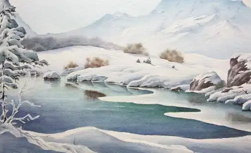 Verschneite Gebirgslandschaft mit See, Gouache, signiert "Brackmann", 1947