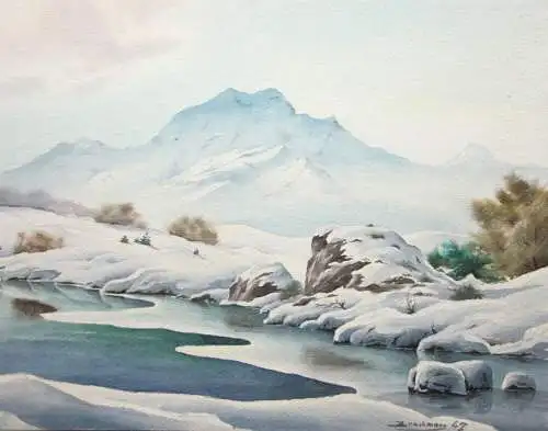 Verschneite Gebirgslandschaft mit See, Gouache, signiert "Brackmann", 1947