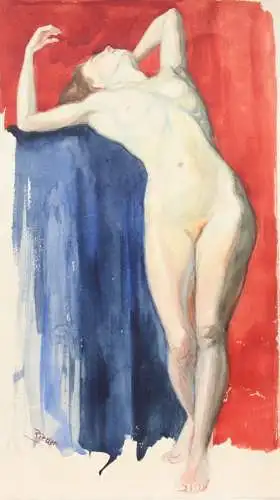 Stehender weiblicher Akt in erotischer Pose, Aquarell, signiert "Rieder", 20. Jh