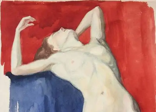 Stehender weiblicher Akt in erotischer Pose, Aquarell, signiert "Rieder", 20. Jh