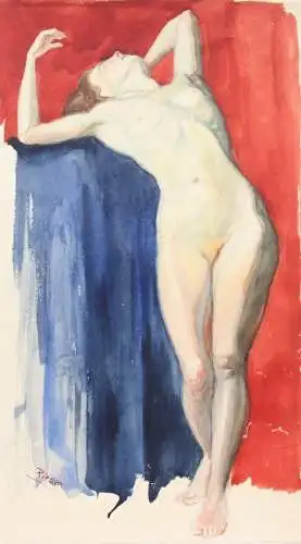 Stehender weiblicher Akt in erotischer Pose, Aquarell, signiert "Rieder", 20. Jh