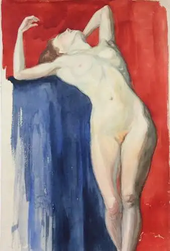 Stehender weiblicher Akt in erotischer Pose, Aquarell, signiert "Rieder", 20. Jh