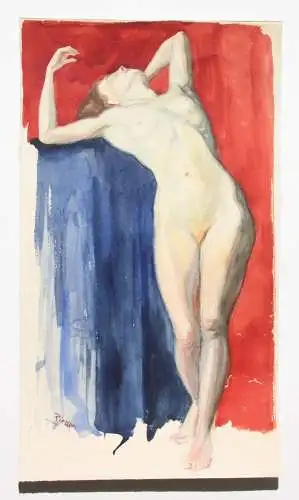 Stehender weiblicher Akt in erotischer Pose, Aquarell, signiert "Rieder", 20. Jh