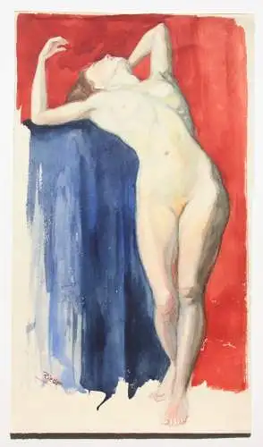 Stehender weiblicher Akt in erotischer Pose, Aquarell, signiert "Rieder", 20. Jh