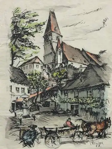 C. Krieger, sign. Tuschezeichnung, Weißenkirchen in der Wachau, Österreich 1922