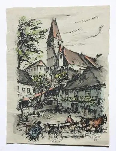 C. Krieger, sign. Tuschezeichnung, Weißenkirchen in der Wachau, Österreich 1922