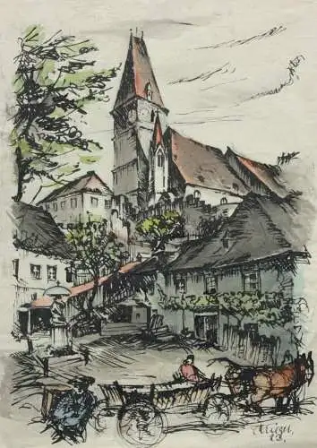 C. Krieger, sign. Tuschezeichnung, Weißenkirchen in der Wachau, Österreich 1922