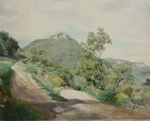 Blick auf die mittelalterliche Burg Hohenurach bei Bad Urach, Aquarell, 19. Jh.