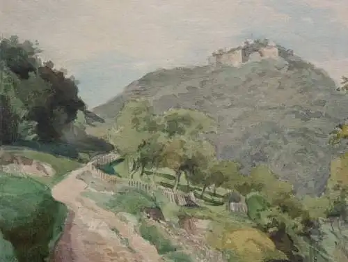 Blick auf die mittelalterliche Burg Hohenurach bei Bad Urach, Aquarell, 19. Jh.