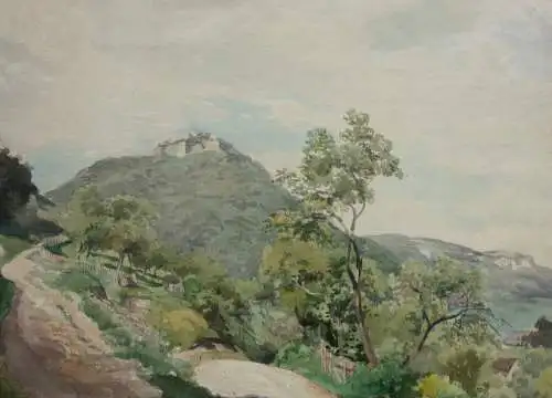 Blick auf die mittelalterliche Burg Hohenurach bei Bad Urach, Aquarell, 19. Jh.