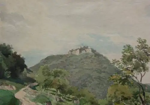 Blick auf die mittelalterliche Burg Hohenurach bei Bad Urach, Aquarell, 19. Jh.