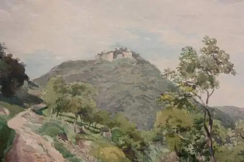 Blick auf die mittelalterliche Burg Hohenurach bei Bad Urach, Aquarell, 19. Jh.