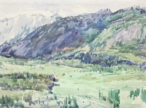 Frühling in den Alpen, Hochgebirge, signiert "Mommel", datiert 1920