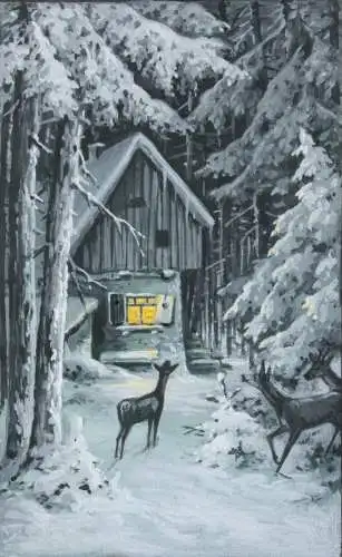 Rehe vor einer beleuchteten Hütte im verschneiten Wald bei Nacht, Gouache 19. Jh