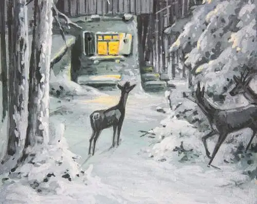 Rehe vor einer beleuchteten Hütte im verschneiten Wald bei Nacht, Gouache 19. Jh