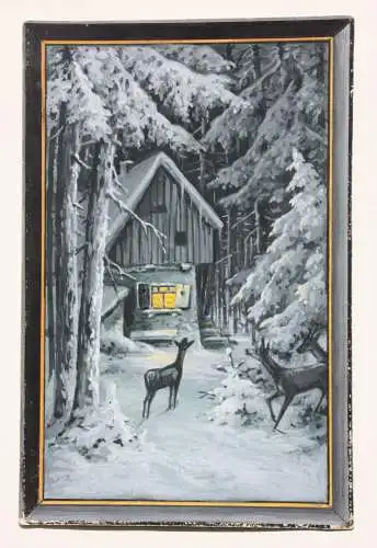 Rehe vor einer beleuchteten Hütte im verschneiten Wald bei Nacht, Gouache 19. Jh