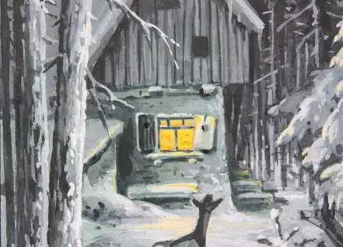 Rehe vor einer beleuchteten Hütte im verschneiten Wald bei Nacht, Gouache 19. Jh