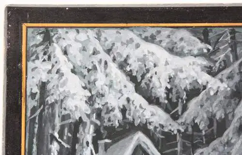 Rehe vor einer beleuchteten Hütte im verschneiten Wald bei Nacht, Gouache 19. Jh