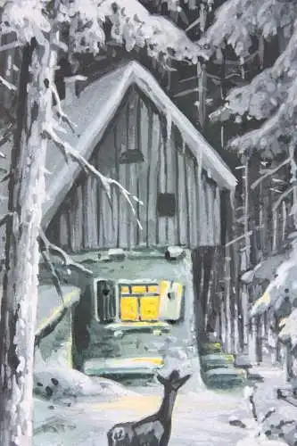 Rehe vor einer beleuchteten Hütte im verschneiten Wald bei Nacht, Gouache 19. Jh