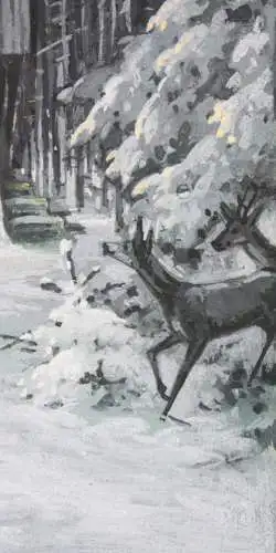 Rehe vor einer beleuchteten Hütte im verschneiten Wald bei Nacht, Gouache 19. Jh