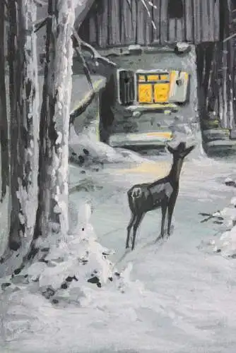 Rehe vor einer beleuchteten Hütte im verschneiten Wald bei Nacht, Gouache 19. Jh