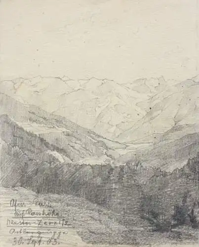 Ofenpass, Hochgebirge, Blick auf das Gipfelpanorama, Zeichnung, datiert 1903