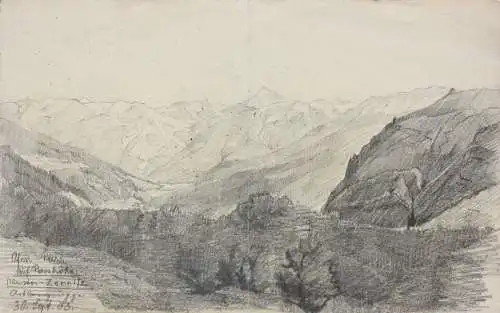 Ofenpass, Hochgebirge, Blick auf das Gipfelpanorama, Zeichnung, datiert 1903