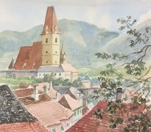 A. K. Khom, signiertes Aquarell, "Weissenkirchen (Wachau)", Österreich 20. Jh.