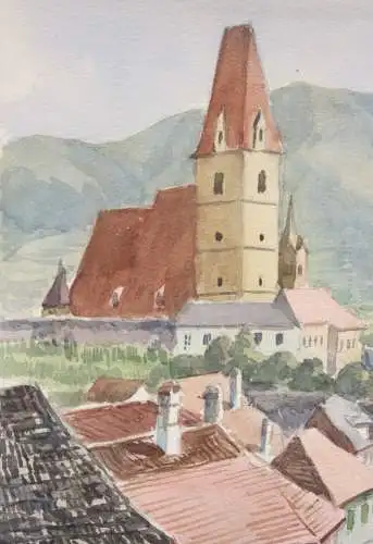 A. K. Khom, signiertes Aquarell, "Weissenkirchen (Wachau)", Österreich 20. Jh.