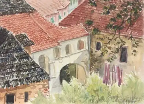 A. K. Khom, signiertes Aquarell, "Weissenkirchen (Wachau)", Österreich 20. Jh.